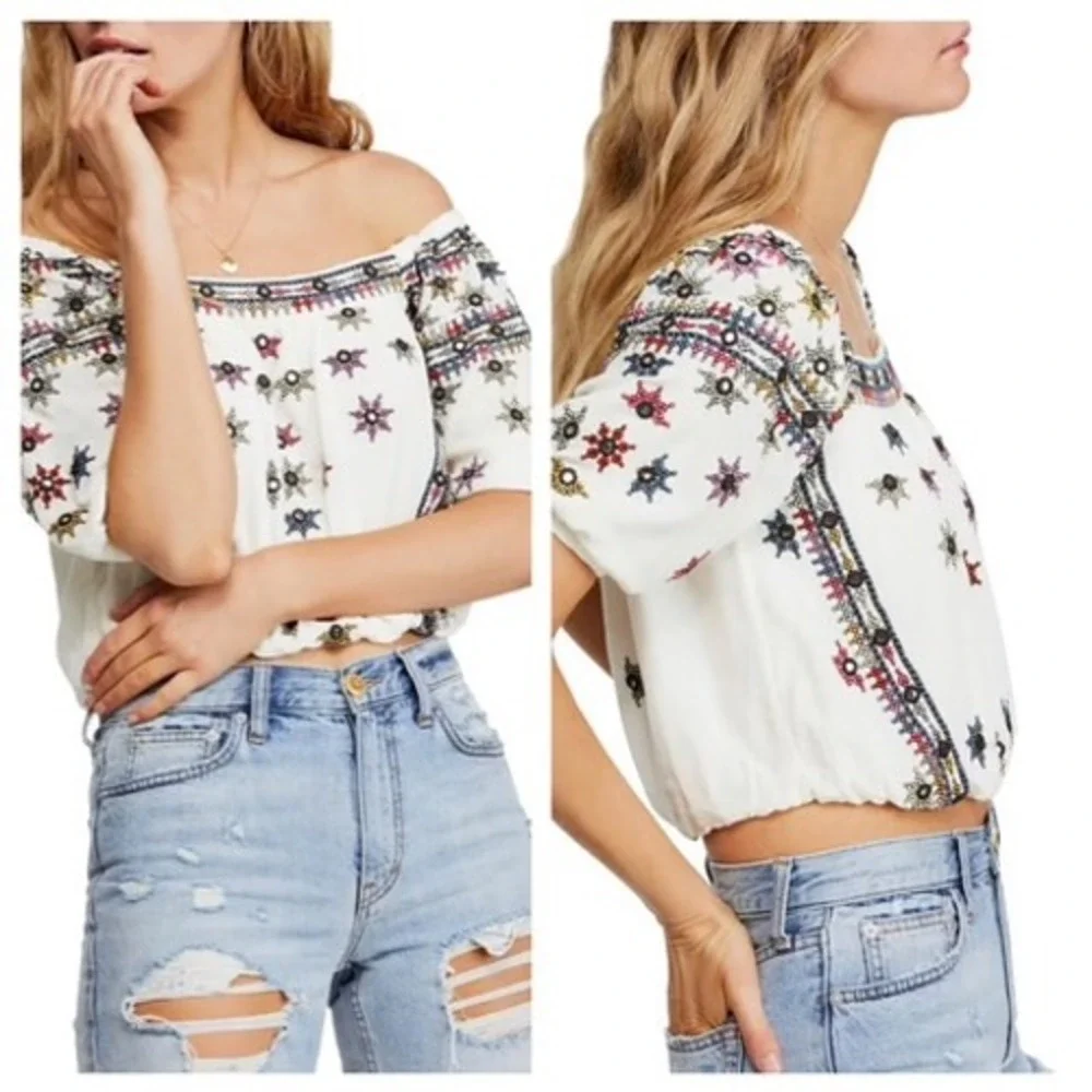 Free People Embroidered Peasant Top Ivory Boho Cropped Blouse XS Boho‎ Festival